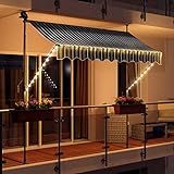 Swing & Harmonie LED - Markise mit Kurbel Klemmmarkise Balkonmarkise mit Beleuchtung und Solarmodul Fallarm Markise Sonnenschutz Terrasse Balkon (300x150, grau/Weiss)
